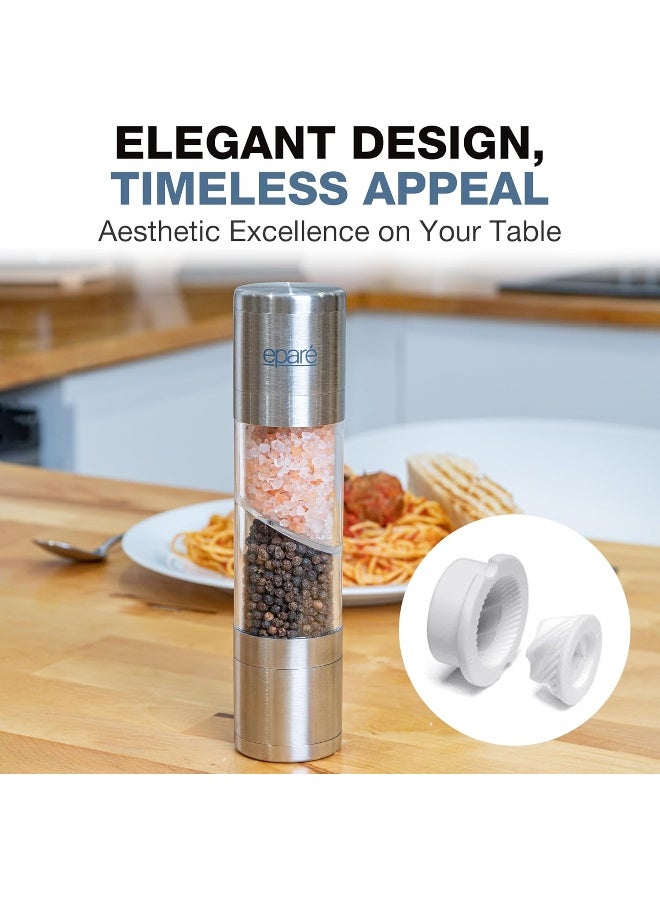 Eparé 2 in 1 Salt & Pepper Grinder - Dual Mill Grinders - Space Saver Combo Mills Set - Stainless Steel & Acrylic Case  - Image 4