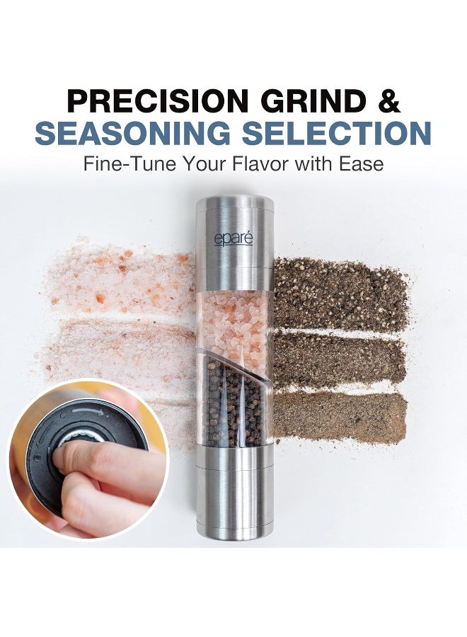 Eparé 2 in 1 Salt & Pepper Grinder - Dual Mill Grinders - Space Saver Combo Mills Set - Stainless Steel & Acrylic Case  - Image 3