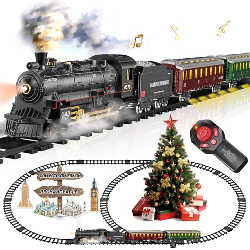 BUBUQE Electric Train Sets Remote Control for Kids Christmas Train Toys Steam Locomotive w3 Smokes Glowing Passenger Carriages Luxury Tracks Light Sounds Rechargeable Birthday Gifts for Boys Girls - Image 1