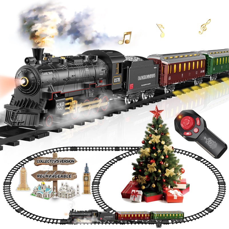 BUBUQE Electric Train Sets Remote Control for Kids Christmas Train Toys Steam Locomotive w3 Smokes Glowing Passenger Carriages Luxury Tracks Light Sounds Rechargeable Birthday Gifts for Boys Girls - Image 3