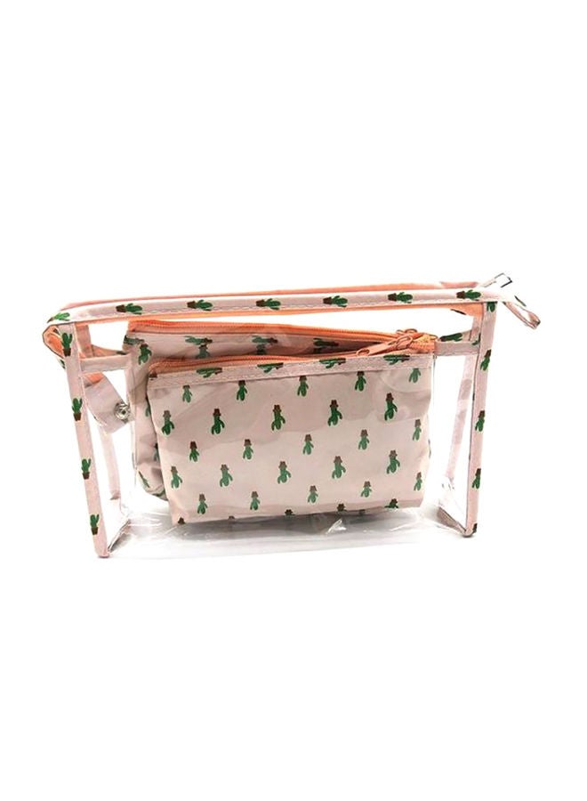 NIBEMINENT 3-Piece Cactus Printed Cosmetic Bag Clear/Beige/Green - Image 1