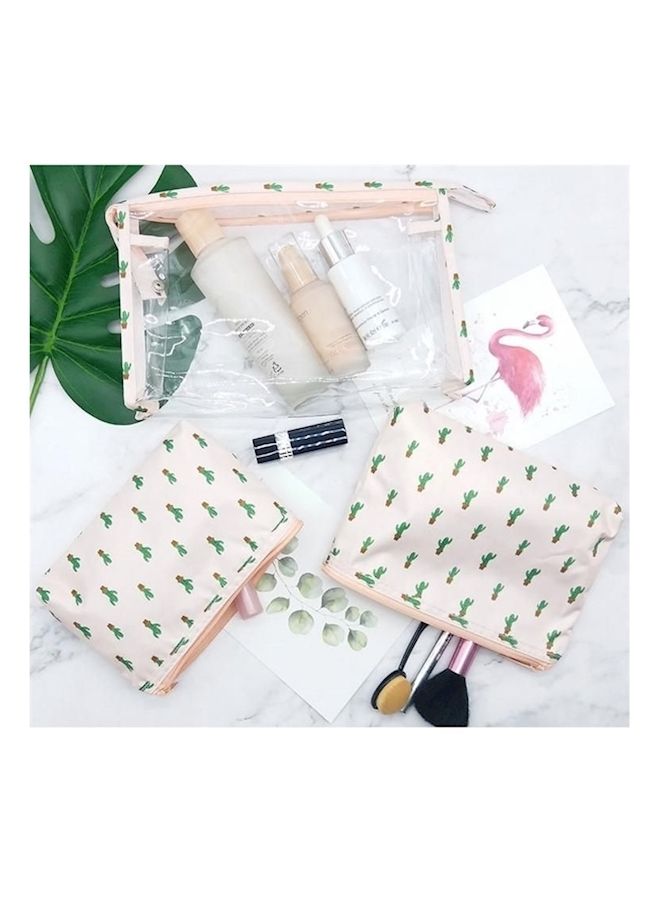 NIBEMINENT 3-Piece Cactus Printed Cosmetic Bag Clear/Beige/Green - Image 3