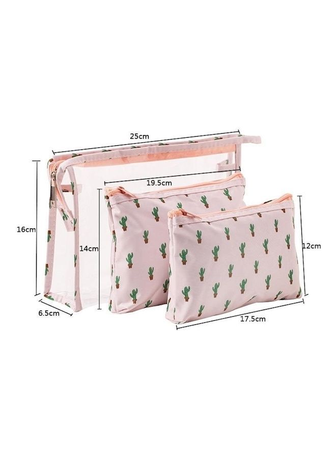 NIBEMINENT 3-Piece Cactus Printed Cosmetic Bag Clear/Beige/Green - Image 2