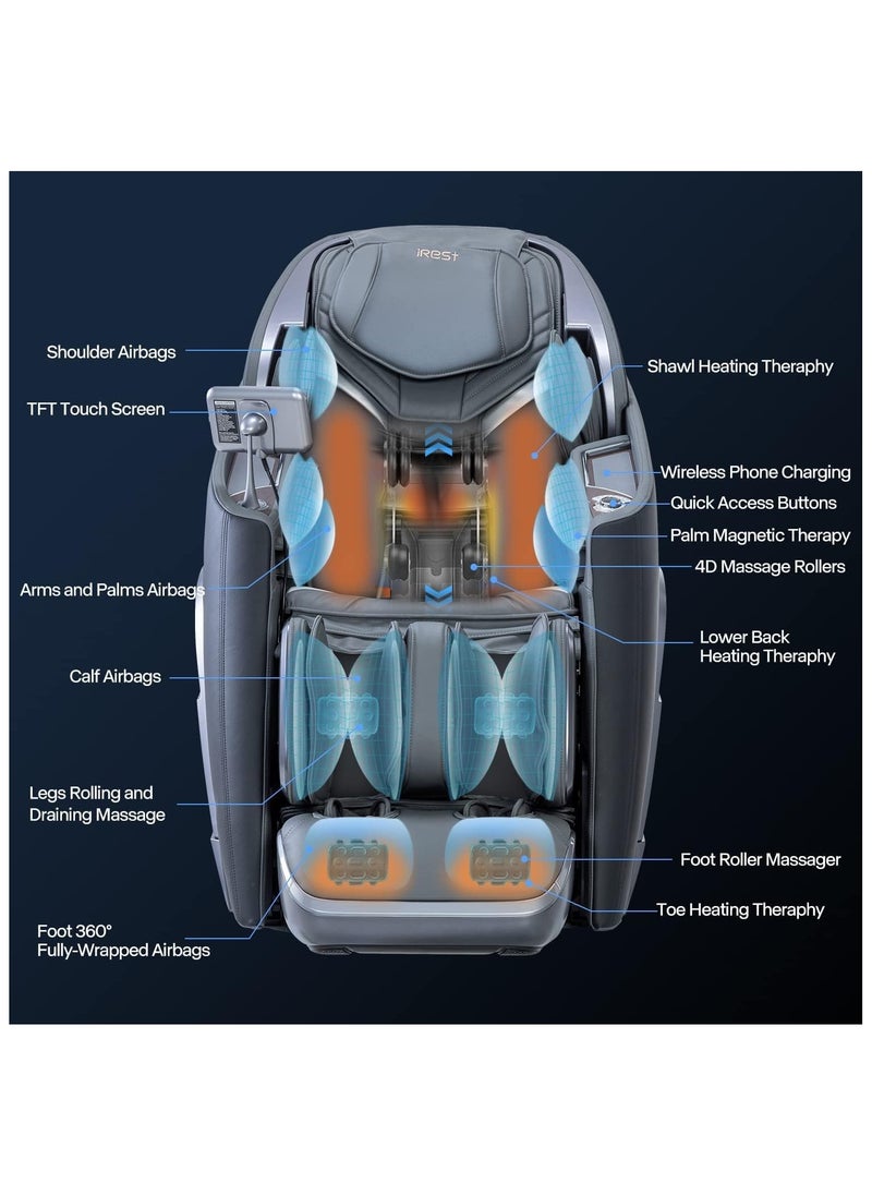 iRest 4D Massage Chair Recliner Zero Gravity Shiatsu Massager with AI Voice Control SL Track Heating Touch Screen Quick Access Buttons