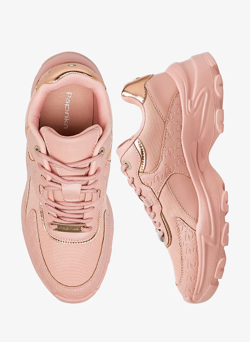 Paprika PINK Monogram Embossed Sneakers with Lace-Up Closure for Women | Best Price UAE