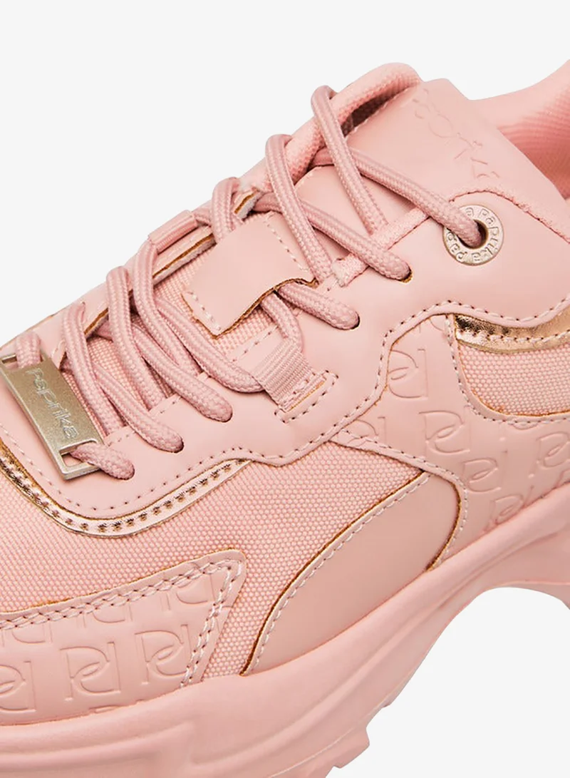 Paprika PINK Monogram Embossed Sneakers with Lace-Up Closure for Women | Best Price UAE