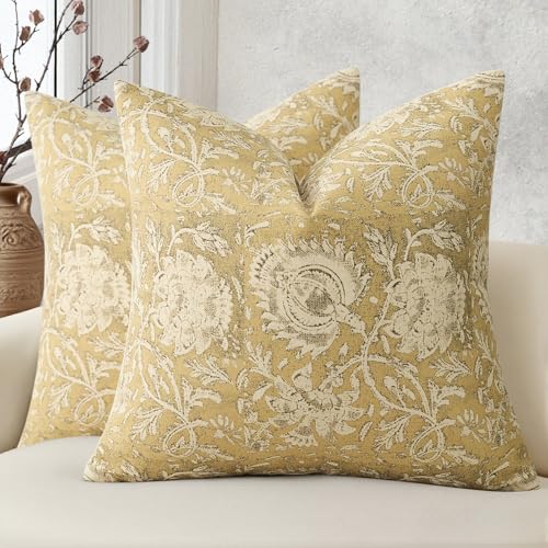DKwizme Vintage Floral Print Throw Pillow Covers 18x18 Set of 2 Neutral Modern Farmhouse Pillowcases Accent Decorative Cushion Covers Boho Home Decor for Couch Sofa Chair Bed Living Room, Yellow - Image 1