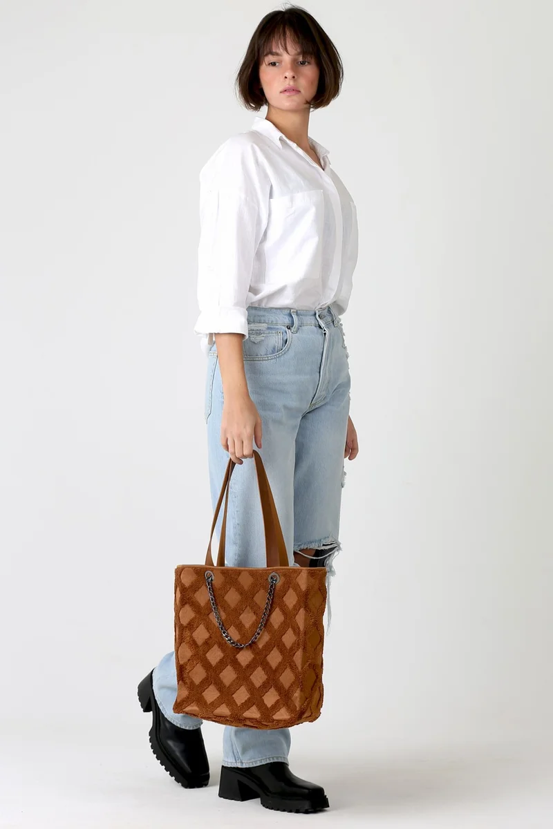 هامور Dough Women's Fabric Hand and Shoulder Bag Tweed Brown Fur Plush Knitted Handbag