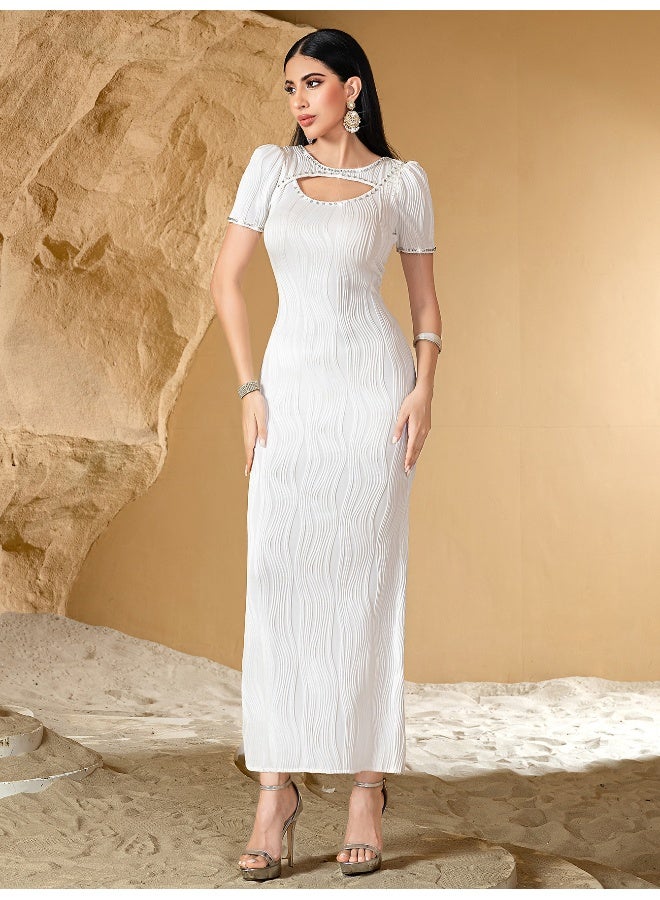 Madam Uniq Elegant White Rhinestone - Embellished Dress, Hollow - Out & Short Sleeves, Formal Evening Gown - Image 1