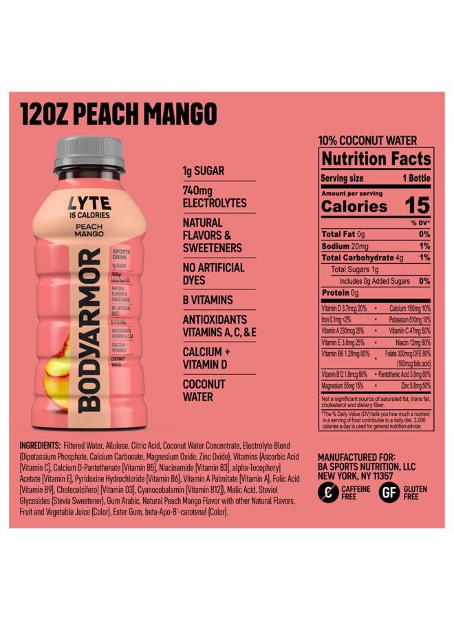 BODYARMOR مشروب رياضي LYTE منخفض السعرات الحرارية، خوخ مانجو، ماء جوز الهند للترطيب، نكهات طبيعية مع فيتامينات، إلكتروليتات غنية بالبوتاسيوم، مثالي للرياضيين، 12 أونصة سائلة (عبوة من 8)  - Image 2