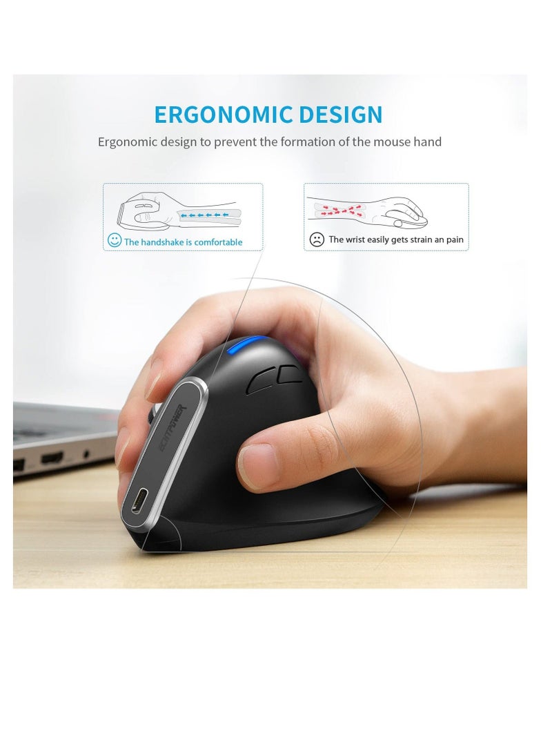 Ergonomic Mouse, Wireless Vertical Mouse, Rechargeable Optical Mice, 6 on Vertical Mouse with USB Receiver, Silent Mouse with Adjustable DPI 1000/1600/2400, Compatible with Windows and MAC OS - Image 2
