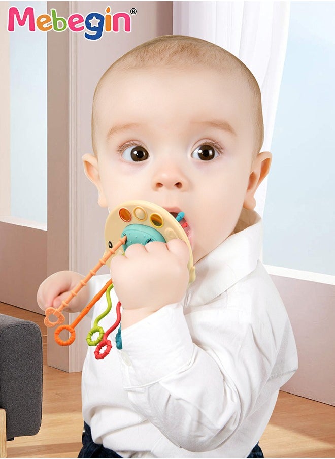MEBEGIN - Safe Teething Toys, Elephant Montessori Toys with Bright Colors and Unique Shape, Early Development Activity Elephant Silicone Pull String Toys, Developmental Pulling Teething Baby Sensory Toy with Sliding Magic Balls and Simple Bubble - Image 1