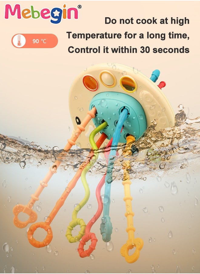 MEBEGIN - Safe Teething Toys, Elephant Montessori Toys with Bright Colors and Unique Shape, Early Development Activity Elephant Silicone Pull String Toys, Developmental Pulling Teething Baby Sensory Toy with Sliding Magic Balls and Simple Bubble - Image 1