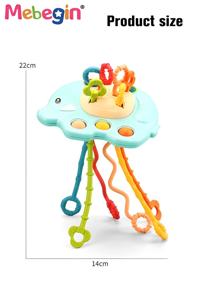 MEBEGIN - Safe Teething Toys, Elephant Montessori Toys with Bright Colors and Unique Shape, Early Development Activity Elephant Silicone Pull String Toys, Developmental Pulling Teething Baby Sensory Toy with Sliding Magic Balls and Simple Bubble - Image 1