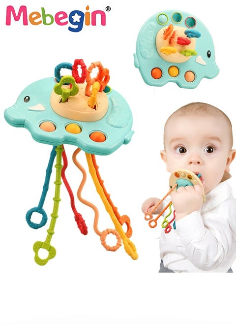Safe Teething Toys, Elephant Montessori Toys with Bright Colors and Unique Shape, Early Development Activity Elephant Silicone Pull String Toys, Developmental Pulling Teething Baby Sensory Toy with Sliding Magic Balls and Simple Bubble