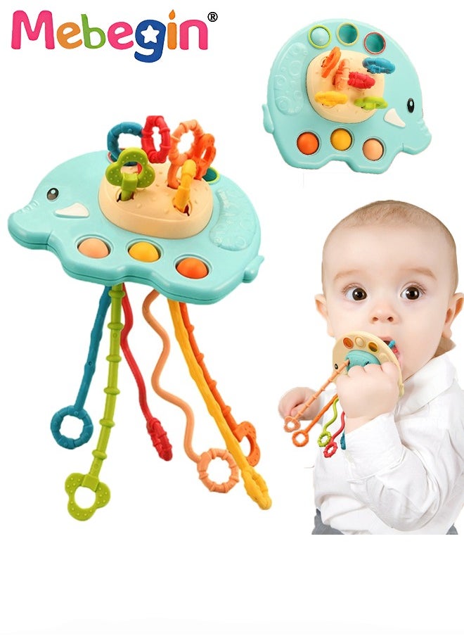 MEBEGIN - Safe Teething Toys, Elephant Montessori Toys with Bright Colors and Unique Shape, Early Development Activity Elephant Silicone Pull String Toys, Developmental Pulling Teething Baby Sensory Toy with Sliding Magic Balls and Simple Bubble - Image 1
