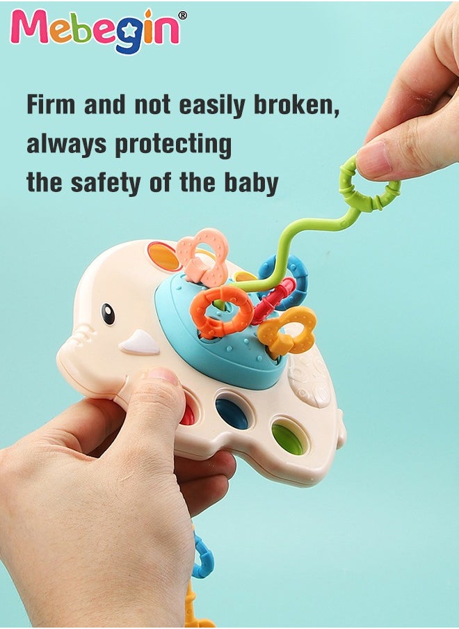 MEBEGIN - Safe Teething Toys, Elephant Montessori Toys with Bright Colors and Unique Shape, Early Development Activity Elephant Silicone Pull String Toys, Developmental Pulling Teething Baby Sensory Toy with Sliding Magic Balls and Simple Bubble - Image 1