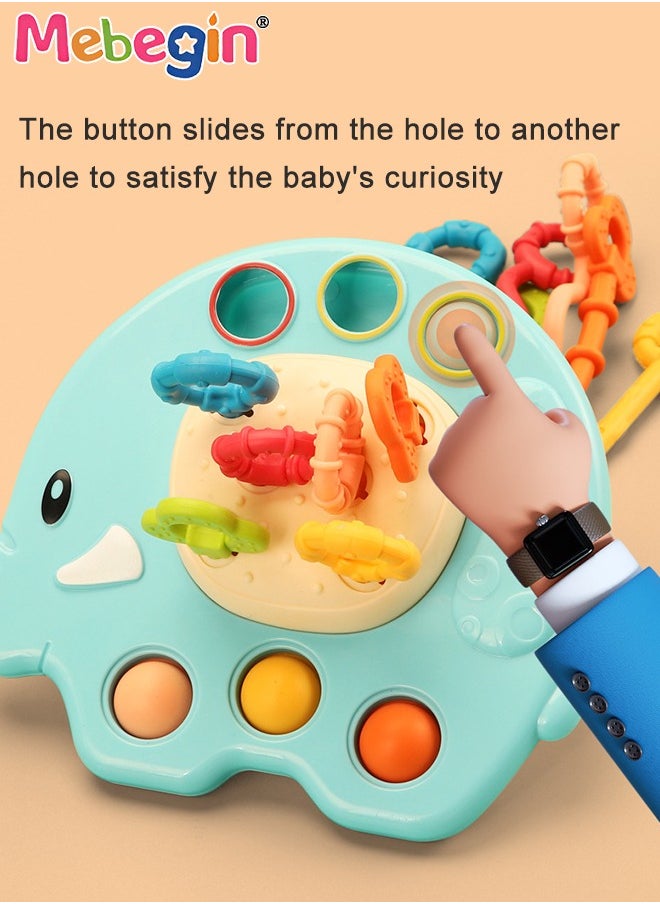 MEBEGIN - Safe Teething Toys, Elephant Montessori Toys with Bright Colors and Unique Shape, Early Development Activity Elephant Silicone Pull String Toys, Developmental Pulling Teething Baby Sensory Toy with Sliding Magic Balls and Simple Bubble - Image 1