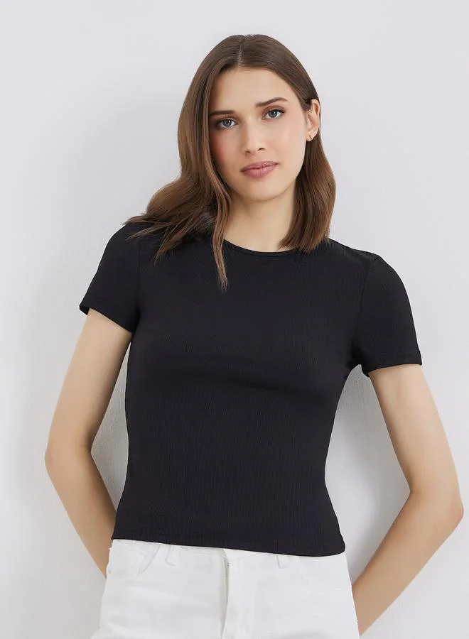 Take Two Take Two Women Black Round Neck Fitted T-Shirt