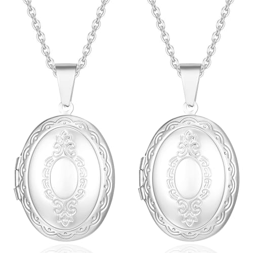 Kawailay 2 Pcs Oval Locket Necklace that Holds Pictures Stainless Steel Oval Shaped Locket Pendant Necklace Oval Image Chain Necklaces for Women - Style 2 - Image 1