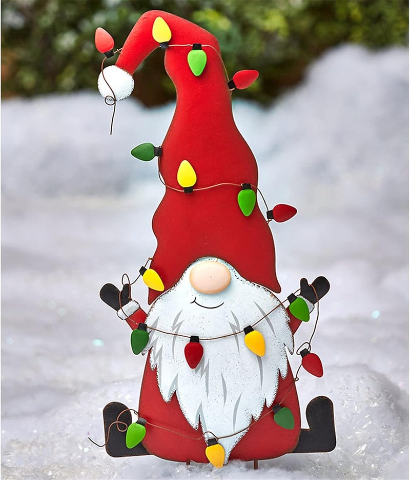woobles Christmas Metal Gnome Yard Stake, Decorations Outdoor Santa Welcome Sign, Decorative Garden Stakes Outside with Gnomes Winter Art Decor or Lawn Patio (A) A - Image 1