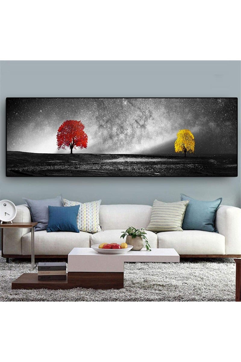 Modern Wall Art Pictures Yellow And Red Tree Landscape Canvas Painting Posters Prints Panorama Pictures For Home Decor 40x120cm(16x48in) Frameless - Image 1