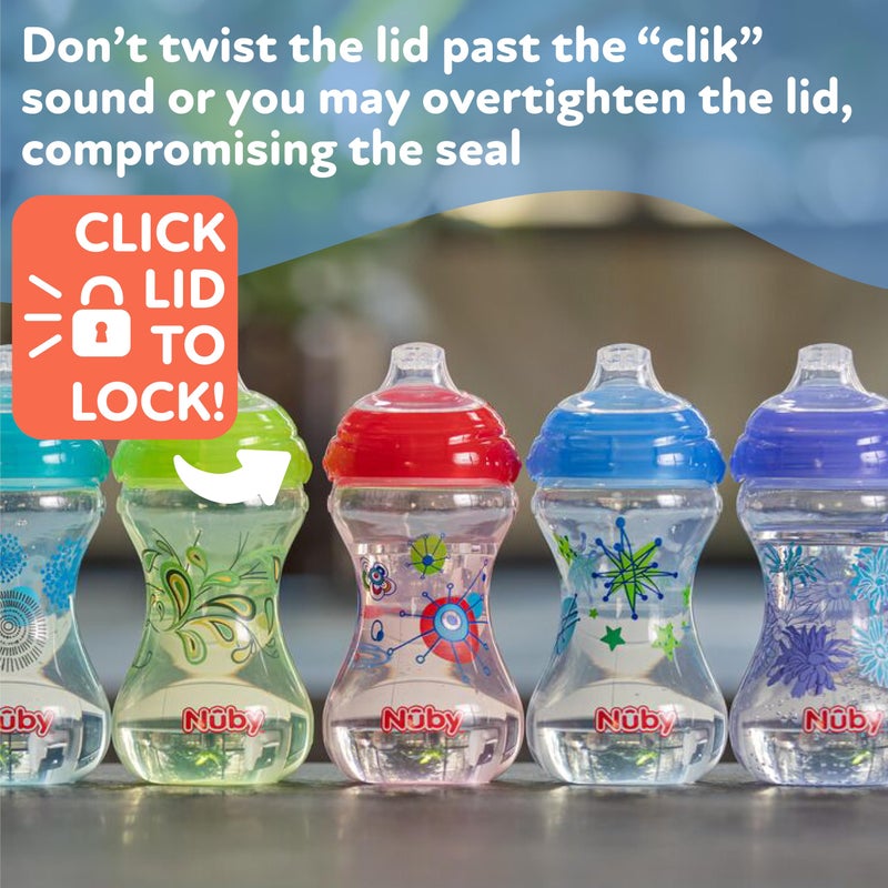 Nuby Clik-It No-Spill Baby Sippy Cup with Soft Spout - (3 Pack) 10 oz - 6+ Months - Pink/Purple/Aqua - Image 5