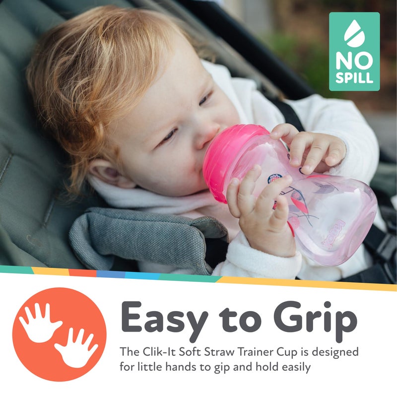 Nuby Clik-It No-Spill Baby Sippy Cup with Soft Spout - (3 Pack) 10 oz - 6+ Months - Pink/Purple/Aqua - Image 3