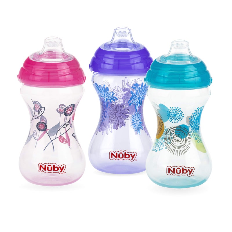Nuby Clik-It No-Spill Baby Sippy Cup with Soft Spout - (3 Pack) 10 oz - 6+ Months - Pink/Purple/Aqua - Image 1