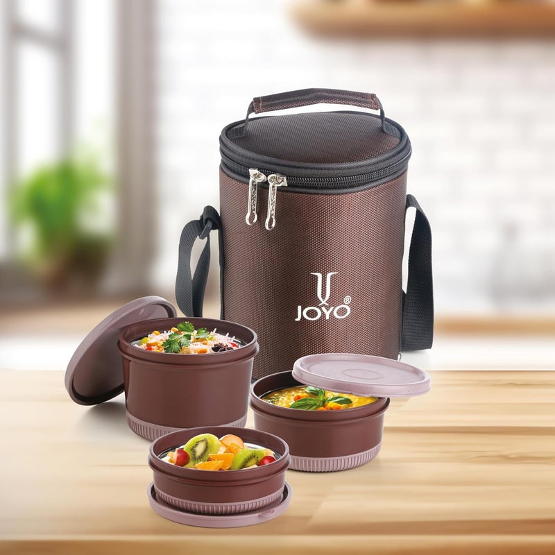 JOYO JOYO Foodway Omega Lunch Box with Zipper Pouch, 100% Leak Proof, 3 Stainless Steel Containers with BPA Free Airtight Lids (250ML, 375 ML, 525 ML) - (Brown)  - Image 5
