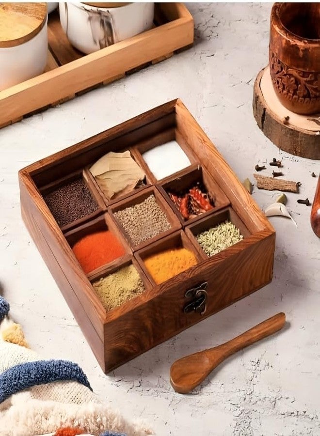 UMAAS® Spice Box for Kitchen with 2 Spoons/Sheesham Wooden Table Top Masala Dabba 9 Containers Jars & Kitchen Spice Box/Masala Box for Kitchen (Removable Partitions, Brown), ANB*8 - Image 1