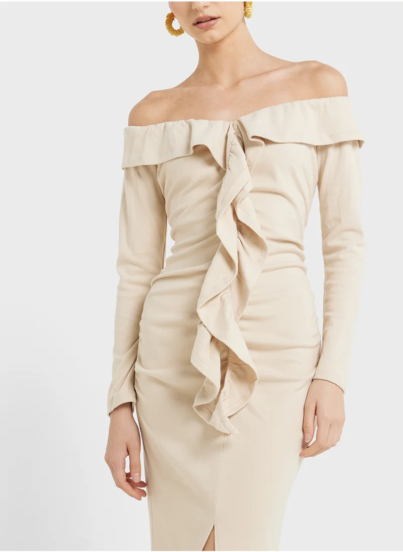 Ginger Off Shoulder Ruffle Gather Detail Bodycon Dress