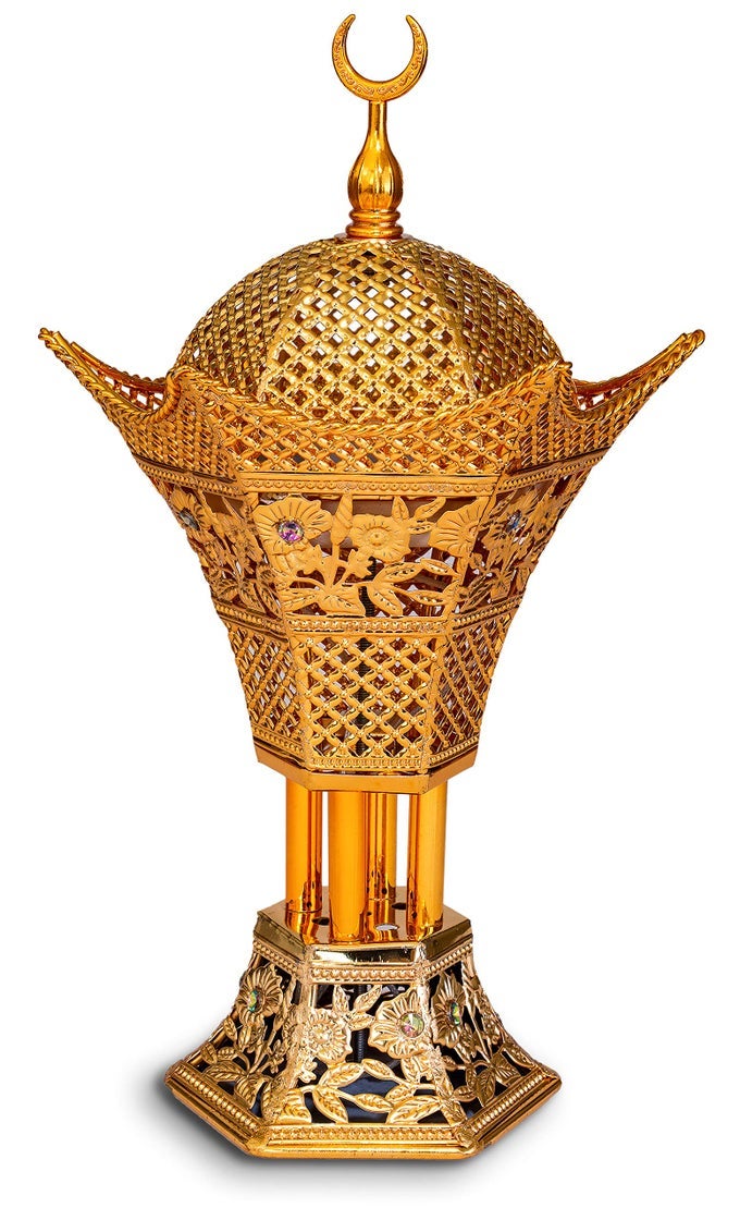 BAKHOOR CHARCOAL INCENSE BURNER LUXURY GOLD FRANKINCENSE RESIN BURNER FOR OUD BAKHOOR INCENSE STICKS CONES DECORATIVE METAL HOLDER WITH REMOVABLE LID SAFE FLE CONTROL GOLD