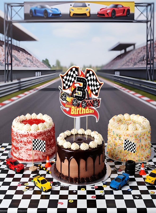 مايتيز زينة كعكة عيد الميلاد الثالث بتصميم سيارة سباق مايتي، لوازم حفلات عيد ميلاد بطابع سيارات السباق، زينة كب كيك بنمط علم متقلب، دعائم تصوير للأطفال بعمر ثلاث سنوات - Image 3