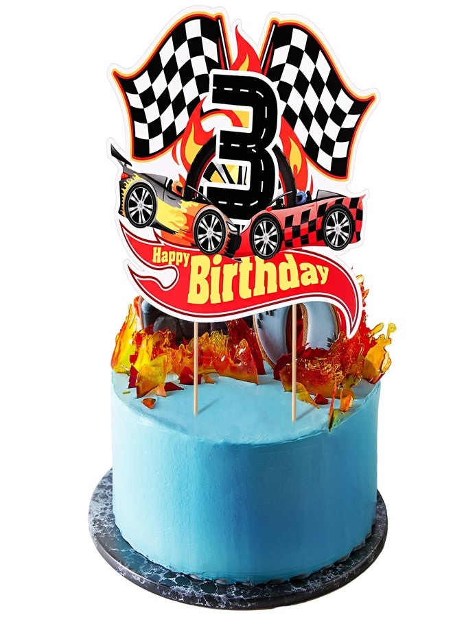 مايتيز زينة كعكة عيد الميلاد الثالث بتصميم سيارة سباق مايتي، لوازم حفلات عيد ميلاد بطابع سيارات السباق، زينة كب كيك بنمط علم متقلب، دعائم تصوير للأطفال بعمر ثلاث سنوات - Image 1