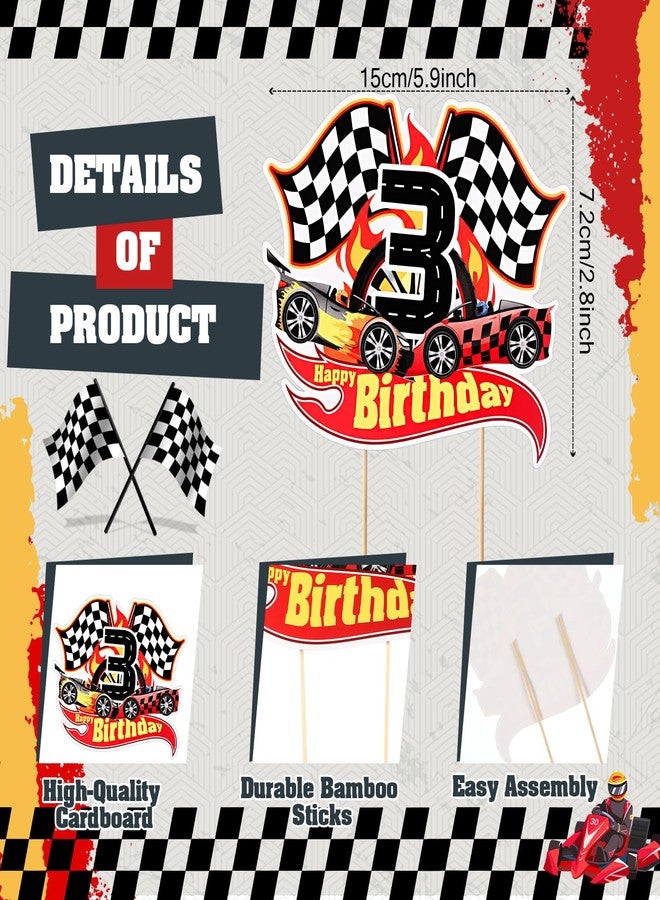 مايتيز زينة كعكة عيد الميلاد الثالث بتصميم سيارة سباق مايتي، لوازم حفلات عيد ميلاد بطابع سيارات السباق، زينة كب كيك بنمط علم متقلب، دعائم تصوير للأطفال بعمر ثلاث سنوات - Image 2