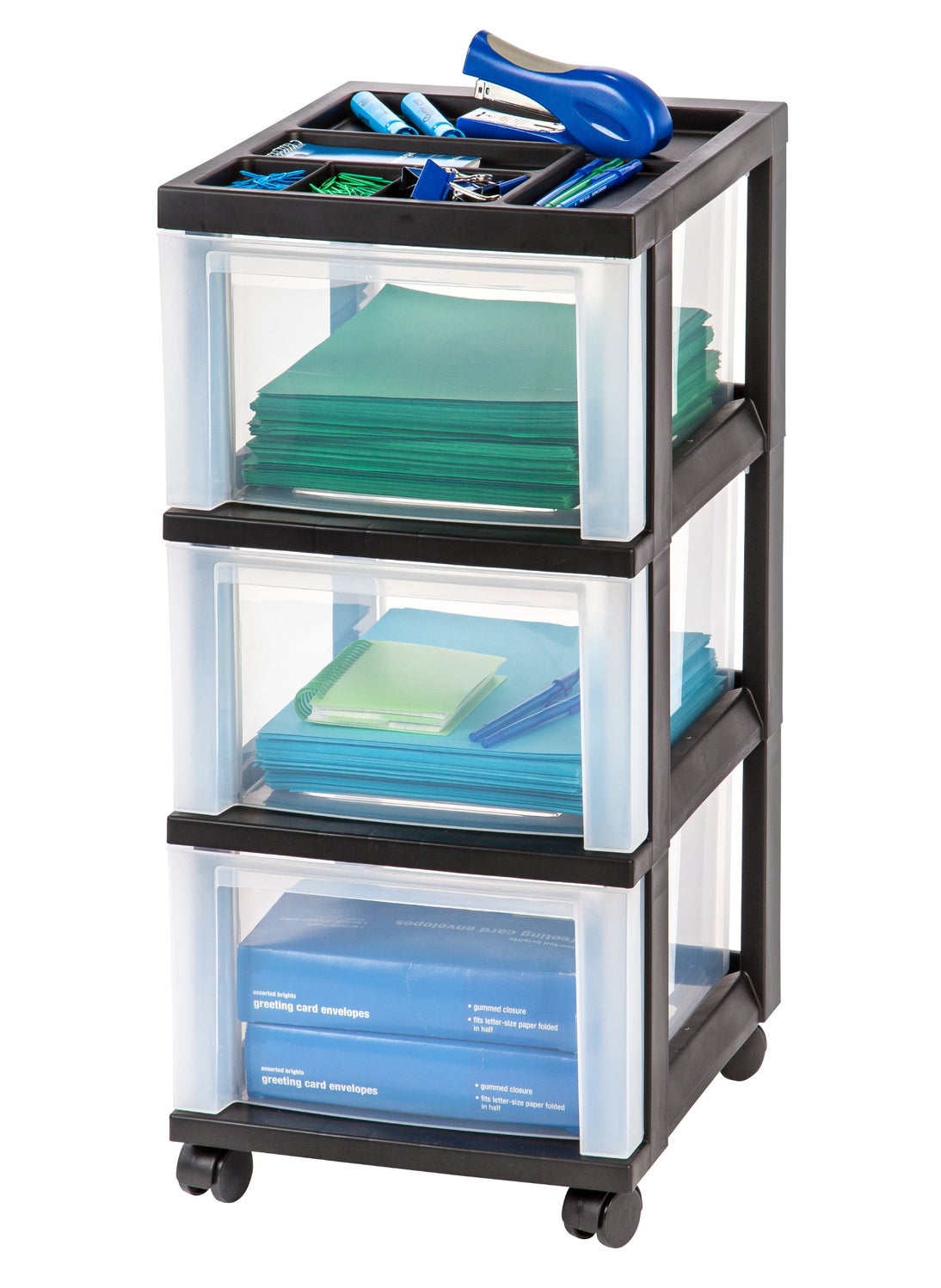 IRIS IRIS USA Plastic Drawer Storage Organizer Rolling Cart with Wheels Casters 3Drawers for Classroom Art Craft Supplies Dresser Closet Bathroom Dorm Bedroom Laundry Room BlackClear 