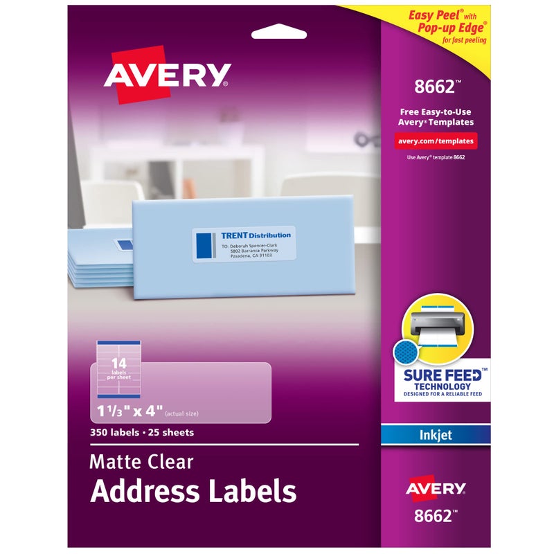 Avery Printable Address Labels with Sure Feed, Matte Clear, 1-1/3" x 4", 350 Mailing Labels (08662) - Image 1