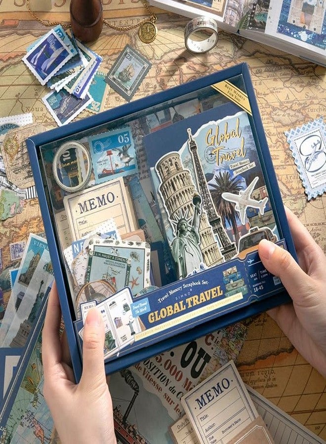 WEMOL مجموعة أدوات WEMOL Vintage Journal Scrapbook Pack Kit لتدوين اليوميات الفنية، والمخططات، وملصقات ورقية يمكنك صنعها بنفسك، ودفتر ملاحظات، وألبوم صور مجمعة، وملصقات جمالية (أزرق - سفر عالمي) - Image 5