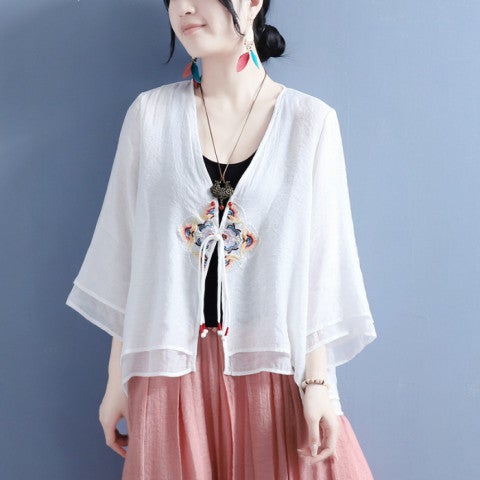 Spring and Summer 2024 Cotton and Linen Diamond Flower Strap Single Buckle Double Layer Seven-point Sleeve Cardigan Autumn Chinese Style Vintage Tea N#369 White - Image 1