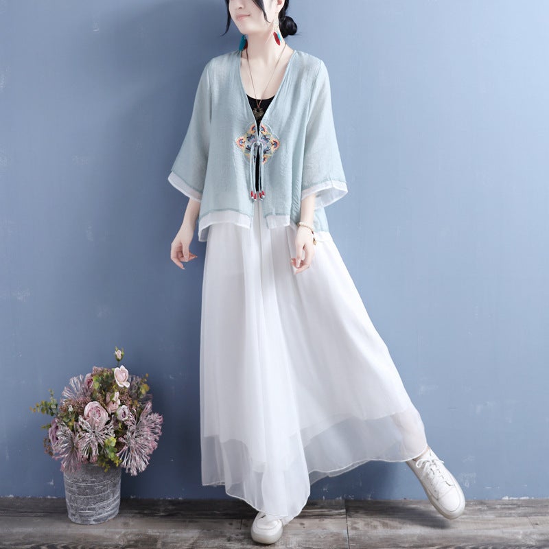 Spring and Summer 2024 Cotton and Linen Diamond Flower Strap Single Buckle Double Layer Seven-point Sleeve Cardigan Autumn Chinese Style Vintage Tea N#369 White - Image 3