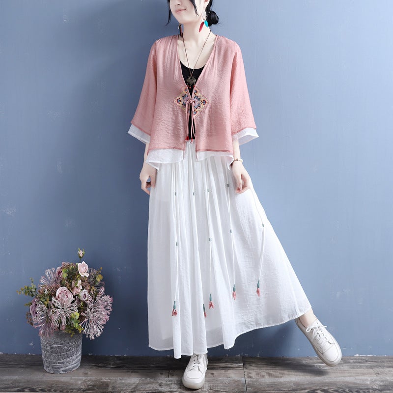 Spring and Summer 2024 Cotton and Linen Diamond Flower Strap Single Buckle Double Layer Seven-point Sleeve Cardigan Autumn Chinese Style Vintage Tea N#369 White - Image 5