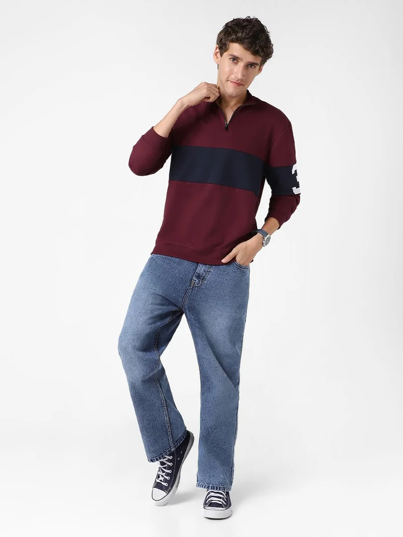 Urbano Fashion  Urbano Fashion Men's Maroon Cotton Color Block Round Neck Sweatshirt for Men | Best Price UAE