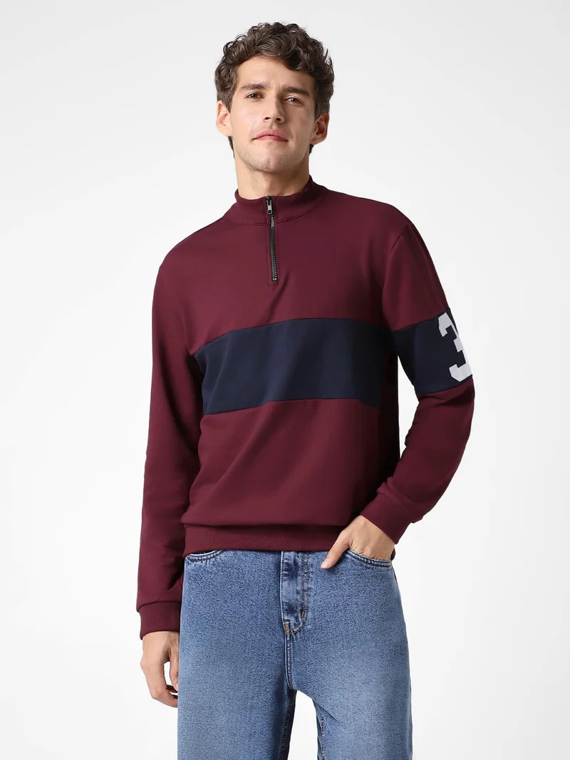 Urbano Fashion  Urbano Fashion Men's Maroon Cotton Color Block Round Neck Sweatshirt for Men | Best Price UAE