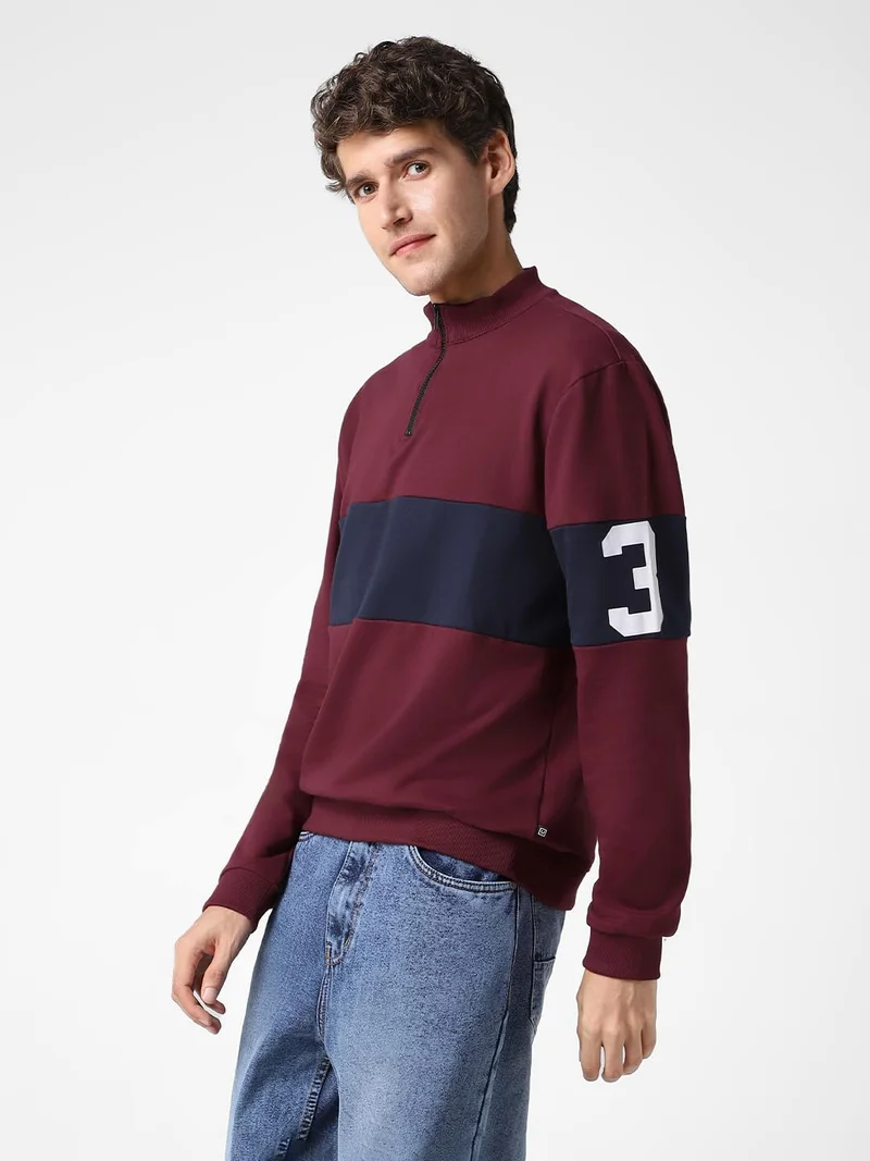 Urbano Fashion Men's Maroon Cotton Color Block Round Neck Sweatshirt