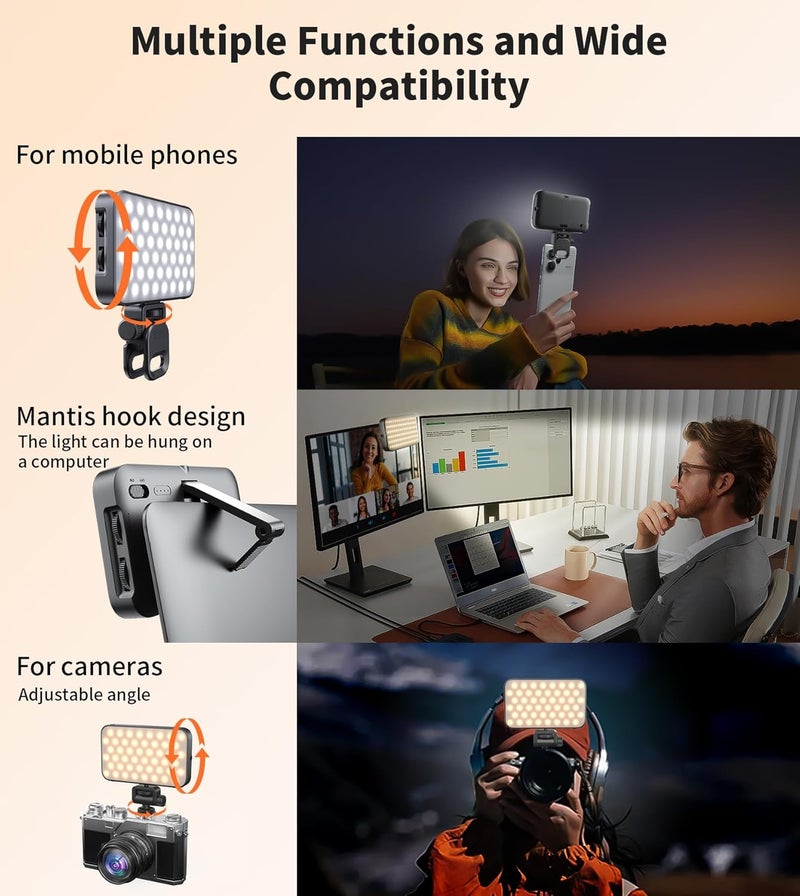 TONEOF 96LED Phone Light with Soft Diffuser, Rechargeable Camera Light with Cold Shoe and Clip, Multiple Color, Built-in Stand for Support, Portable Selfie Lamp for Phone/Tablet/Laptop/Camera - Image 3