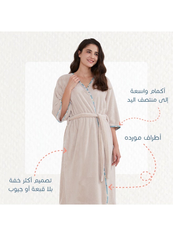 ريفي روب استحمام نسائي أنيق من ريفي، كورال فليس خفيف وسريع الجفاف، بيج - Image 5