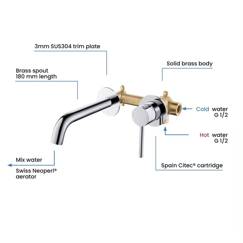 B BACKLINE صنبور خلاط حوض ب براكلاين من النحاس مع تركيب على الحائط بمقبض واحد لصنبور حوض الحمام مع صنبور ماء ساخن وبارد لصنبور الحمام وغرفة المعيشة بالنيكل المصقول - Image 3