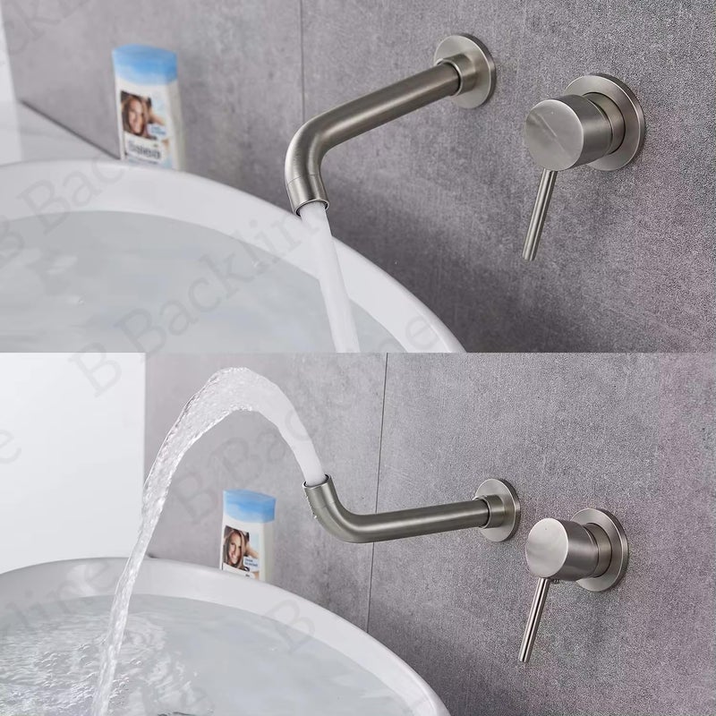 B BACKLINE صنبور خلاط حوض ب براكلاين من النحاس مع تركيب على الحائط بمقبض واحد لصنبور حوض الحمام مع صنبور ماء ساخن وبارد لصنبور الحمام وغرفة المعيشة بالنيكل المصقول - Image 2