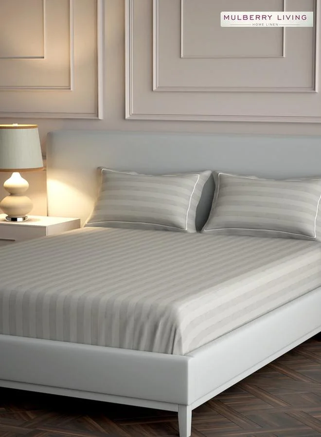 Mulberry Living 100% Cotton Queen Flat Bedsheet With 2 Pillow Covers - 300Tc Elysian Stripes -Silver Grey